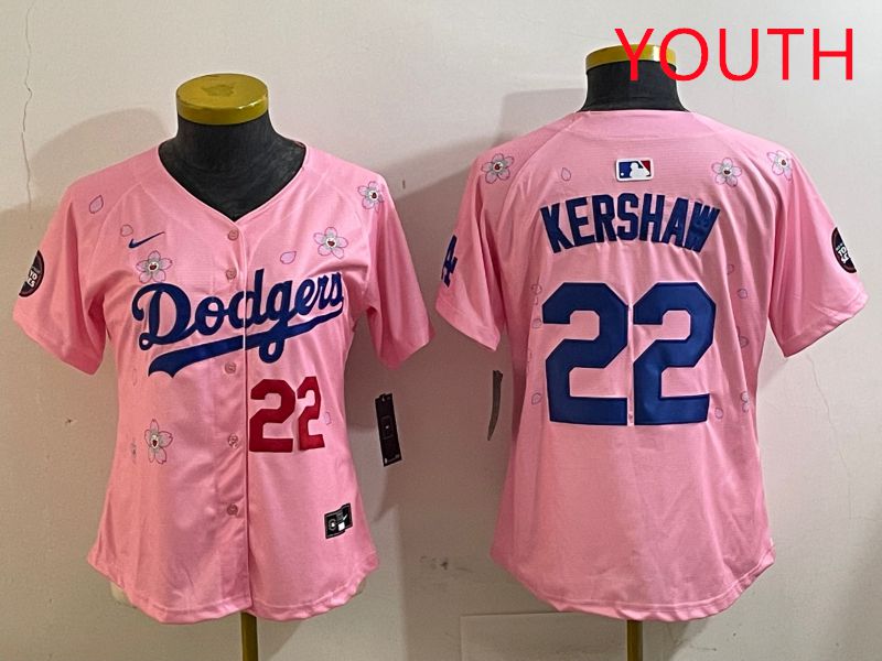 Youth Los Angeles Dodgers #22 Kershaw Pink White Blue Sakura Edition 2025 Nike MLB Jersey style 2